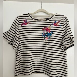 Loft Women’s cotton embroidered t shirt with ruffle sleeve- large